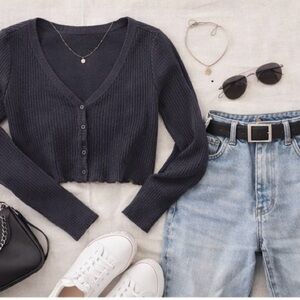 Urban Outfitters Black Ribbed Cropped Button Front Y2K Minimalist Top